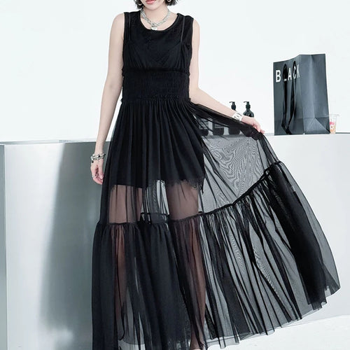 Load image into Gallery viewer, Women Black Mesh Perspective Elegant Spaghetti Strap Dress New V-Neck Sleeveless Fashion Tide Spring Summer  2025 1DJ0845
