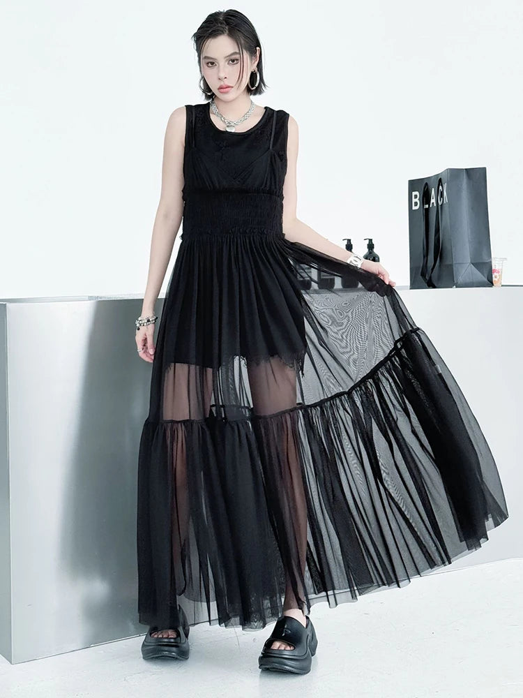 Women Black Mesh Perspective Elegant Spaghetti Strap Dress New V-Neck Sleeveless Fashion Tide Spring Summer  2025 1DJ0845