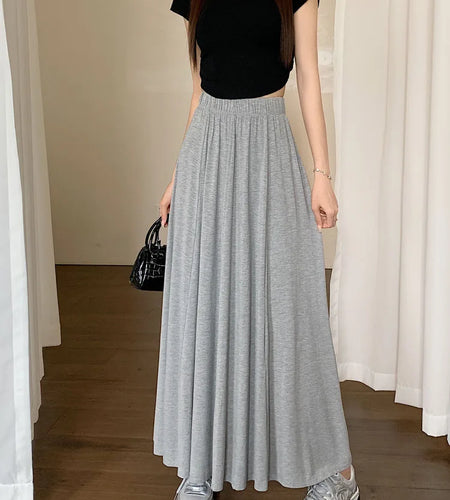 Korean Version Black Elegant Festival Pleated Half Skirts Gray Elastic High Waist A-line Long Skirt 2024 Summer Simplicity Trend