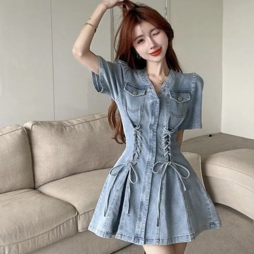 Load image into Gallery viewer, Denim Bandage Dress Women Korean Fashion Kpop Streetwear Mini Short Dresses Wrap
