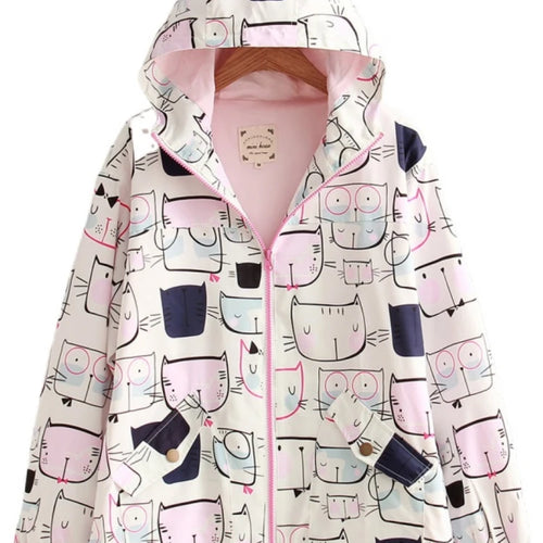 Load image into Gallery viewer, Women Jackets Preppy Style Cute Cat Printed Hooded Jacket Long Sleeve Harajuku Coat Mori Girls&#39; Sweet Outwear S-L
