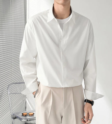 Korean Style Men's Shirts Loose Shoulder Solid Color Trendy Long Sleeved Design Single Breasted Lapel Male Tees 9W1870