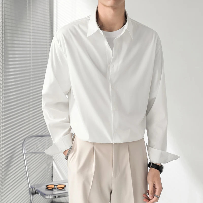 Korean Style Men's Shirts Loose Shoulder Solid Color Trendy Long Sleeved Design Single Breasted Lapel Male Tees 9W1870