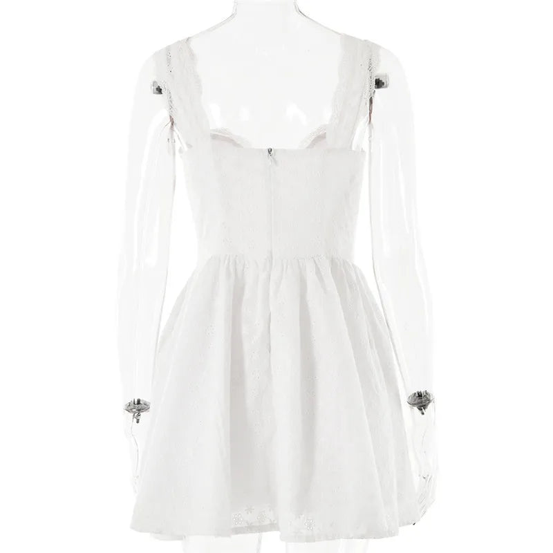 White English Embroidered Belted Mini Dress For Women Fashion V Neck Sleeveless Backless A-line Club Party Sexy Dress