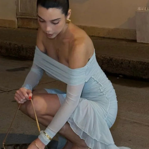 Load image into Gallery viewer, Elegant Long Sleeve Mesh Patchwork Ruffle Irregular Dress Female Sexy One Shoulder Fall Winter Party Club Evening Dress
