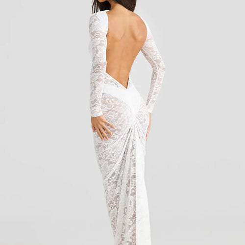 Load image into Gallery viewer, Lace Backless Sexy Maxi Dress For Women Gown Fashion Solid O Neck Long Sleeve Ruched Bodycon Club Long Dress Vestido
