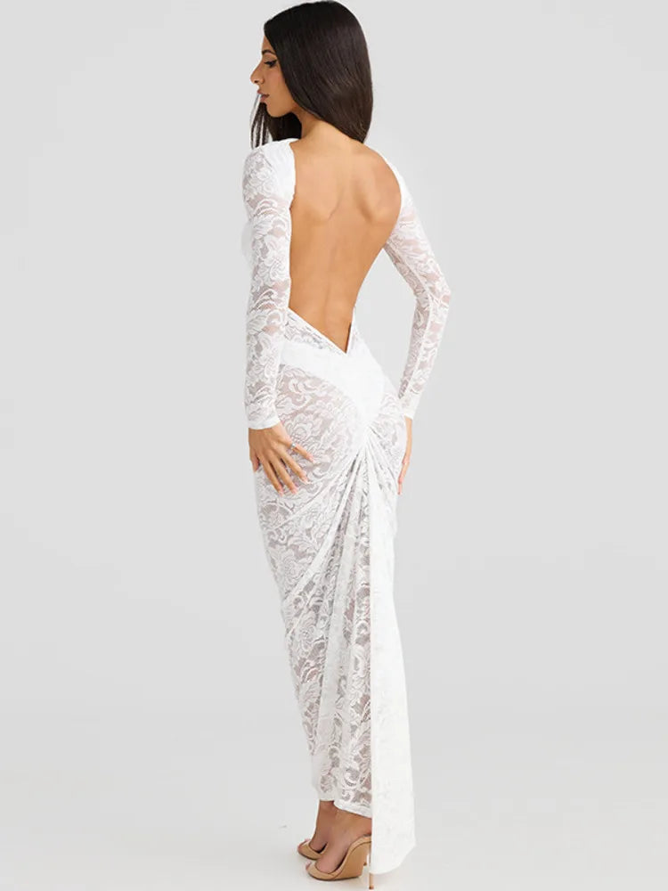 Lace Backless Sexy Maxi Dress For Women Gown Fashion Solid O Neck Long Sleeve Ruched Bodycon Club Long Dress Vestido