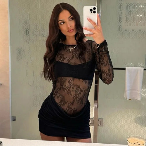 Load image into Gallery viewer, Lace See Through Ruched Sexy Mini Dress Women Elegant Patchwork Long Sleeve Strapless Backless Club Party Dress Female
