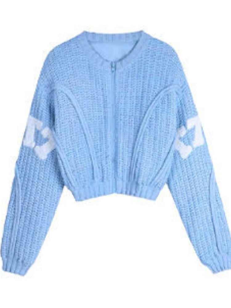 Y2k Two Pieces Sets Women Blue Knitted Cropped Cardigan +High Waist Shorts Korean Streetwear 2025 Spring Autumn Outfits