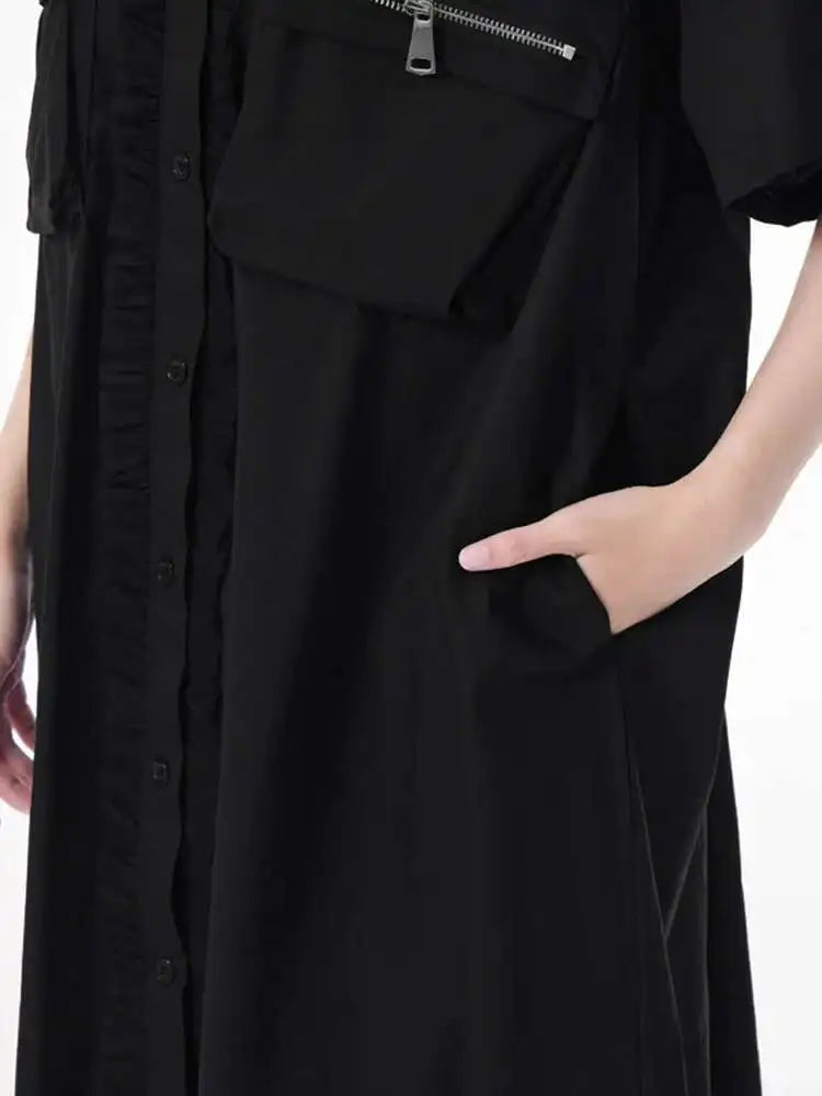 Women White Mesh Color-block Big Size Midi Shirt Dress New Lapel Short Sleeve Fashion Tide Spring Summer 2025 1DJ0003