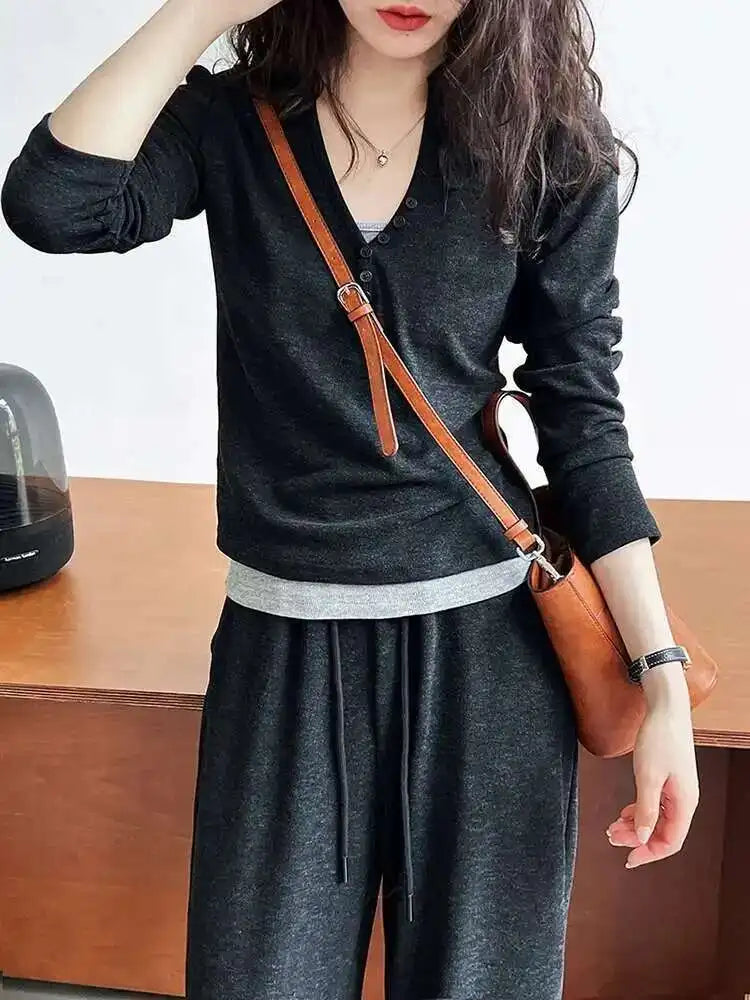 Gray Soft Casual T-shirt Wide Leg Pants Three  Piece Suit New Hooded Long Sleeve Women Fashion Spring Autumn 2025 1DH6649