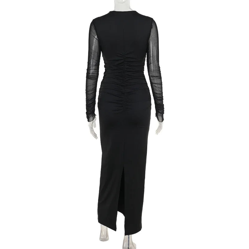 Black Sexy Maxi Dress Women Autumn New Sheer Mesh Long Sleeve Slim Fit Dress Ladies Elegant Bodycon Dresses Clubwear