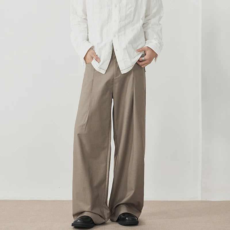 Men's Threedimensional Pleated Suit Pants Straight Trendy Niche Design Fold Solid Color Simple Male Casual Clothing 9W1899