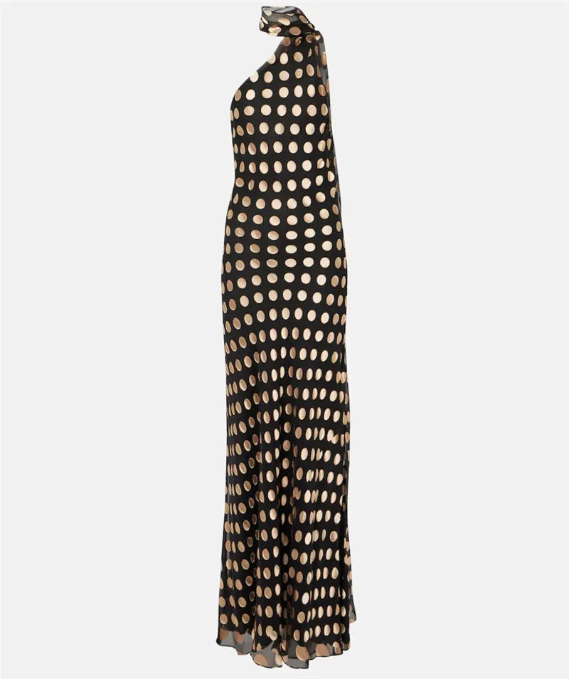 Round Plaid Printed Maxi Dress For Women Gown Halter Off-shoulder Sleeveless Backless Evening Club Long Dress Elegant