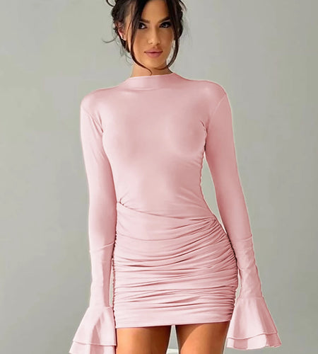 Fall Elegant Solid O Neck Long Flare Sleeve Sexy Ruched Mini Pleated Dress Women Y2K Outfits Evening Party Vacation