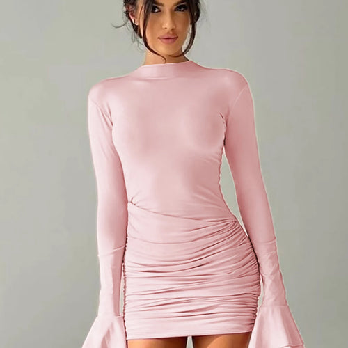 Load image into Gallery viewer, Fall Elegant Solid O Neck Long Flare Sleeve Sexy Ruched Mini Pleated Dress Women Y2K Outfits Evening Party Vacation
