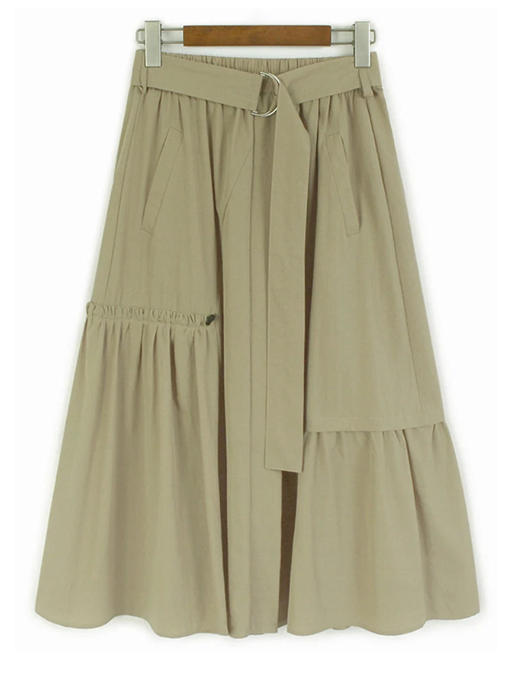 High Elastic Waist Khaki Pleated Belted Drawstring A-line Half-body Skirt Women Fashion New Spring Autumn 2025 1DJ1046