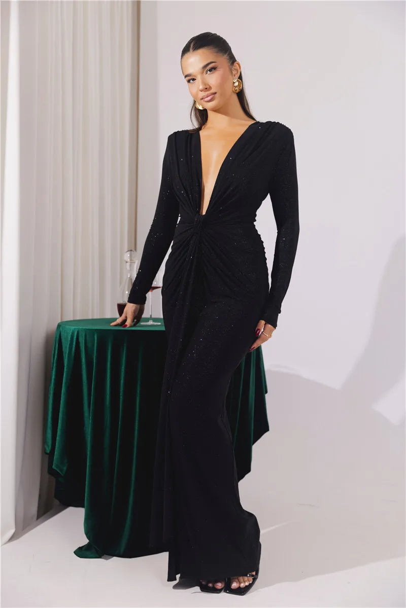 Glitter Deep V Neck Sexy Maxi Dress For Women Elegant Sparkle Long Sleeve Ruched Bodycon Split Club Party Sexy Dress