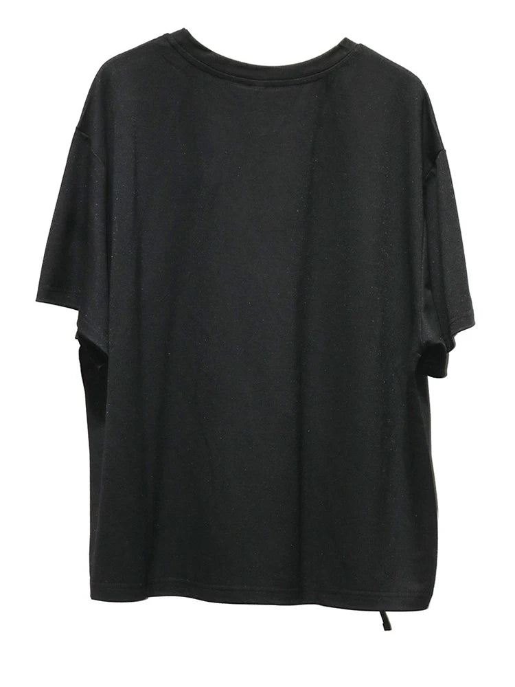 Women White Pocket Color-block Big Size T-shirt New Round Neck Short Sleeve Fashion Tide Spring Summer 2025 1DJ0213