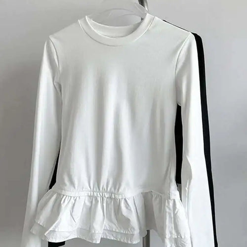 Load image into Gallery viewer, Women Black Ruffles Hem Color-block Slim Elegant T-shirt New Round Neck Long Sleeve Fashion Spring Autumn 2025 1DJ0095
