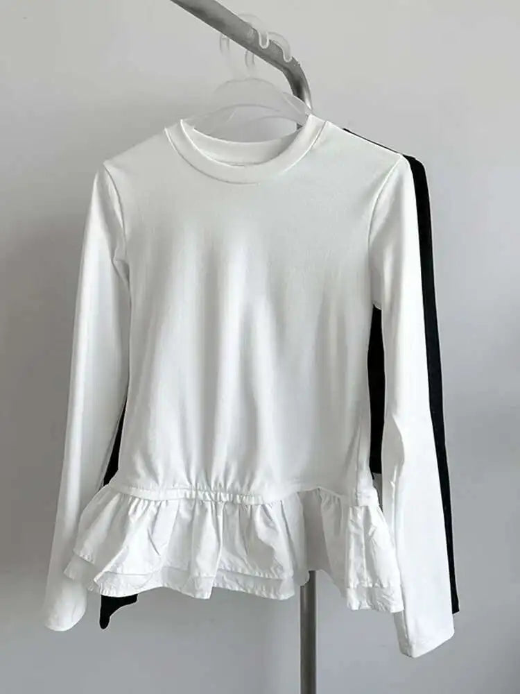 Women Black Ruffles Hem Color-block Slim Elegant T-shirt New Round Neck Long Sleeve Fashion Spring Autumn 2025 1DJ0095
