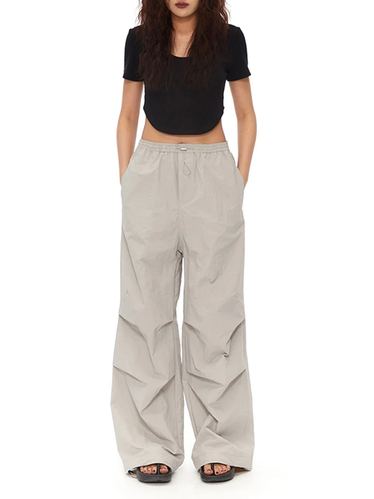 Solid Patchwork Drawstring Pants For Women High Waist Spliced Folds Loose Wide Leg Cargo Pant Female Fashion