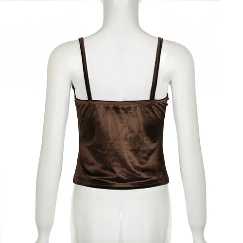 Load image into Gallery viewer, Strap Vintage Brown Velvet Sexy Tops Camis Ruched Harajuku Y2K Ruffles Party Top Female Slim 90s Grunge Stitch Tanks
