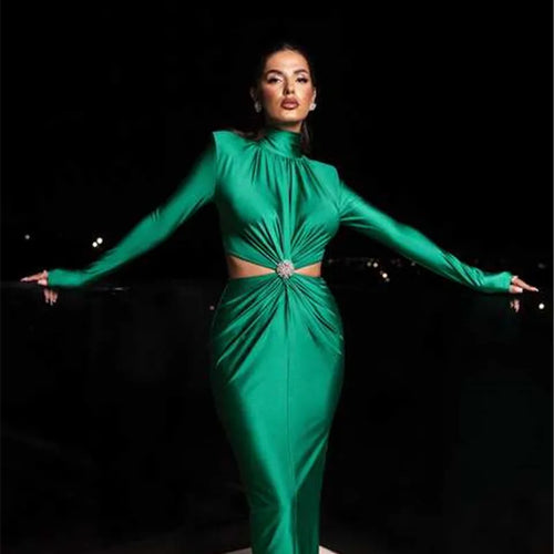 Load image into Gallery viewer, Elegant Hollow Out Sexy Maxi Dress For Women Autumn Winter New Turtleneck Long Sleeve Bodycon Club Party Evening Dress
