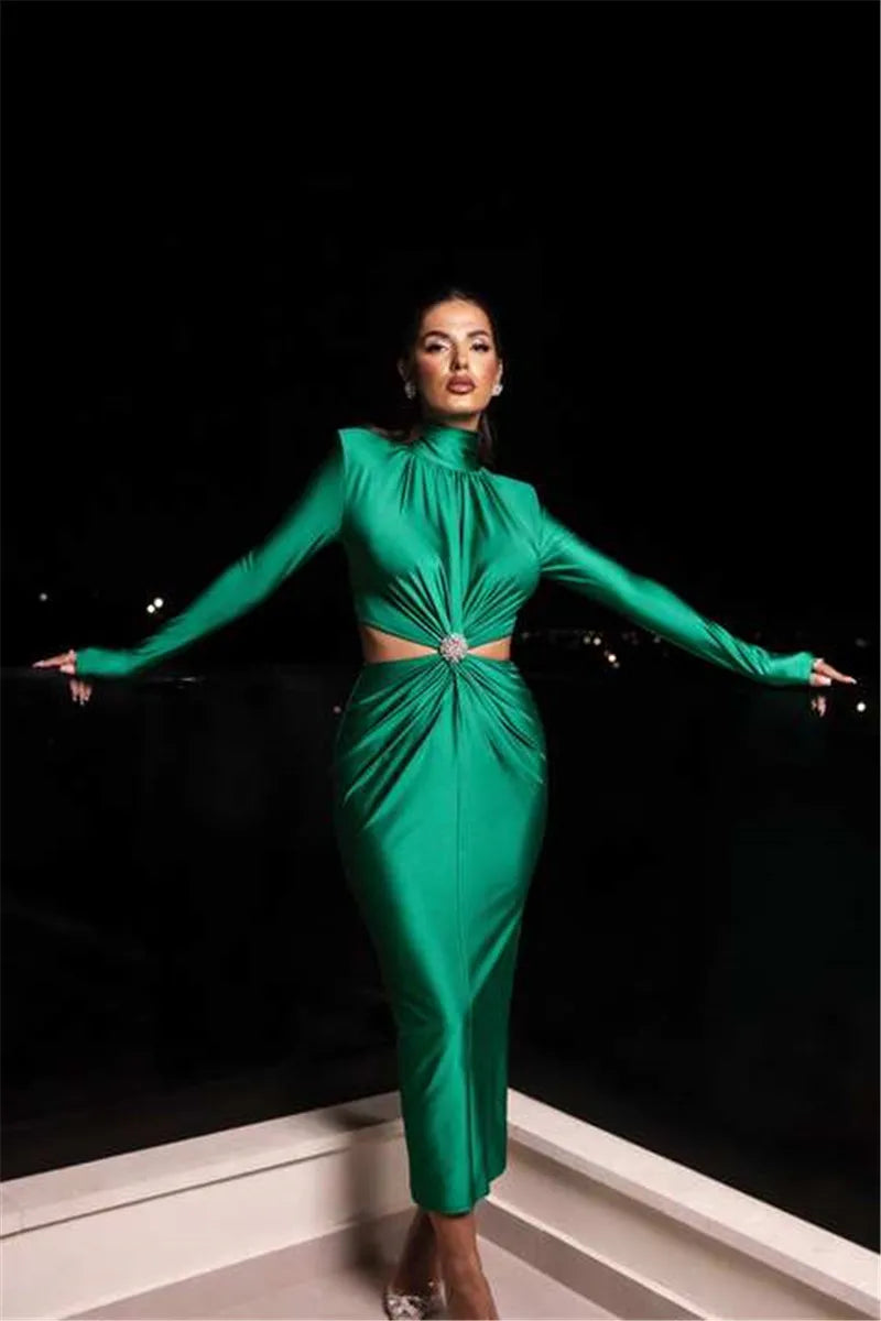 Elegant Hollow Out Sexy Maxi Dress For Women Autumn Winter New Turtleneck Long Sleeve Bodycon Club Party Evening Dress