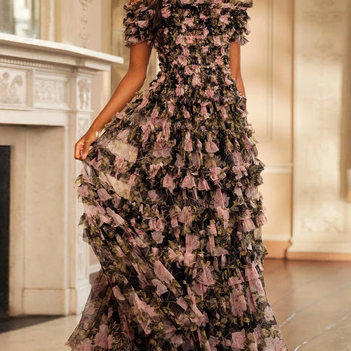 Load image into Gallery viewer, Hit Color Ptinting Patchwork Folds Casual Dresses For Women Slash Neck Short Sleeve High Waist Elegant Dress Female
