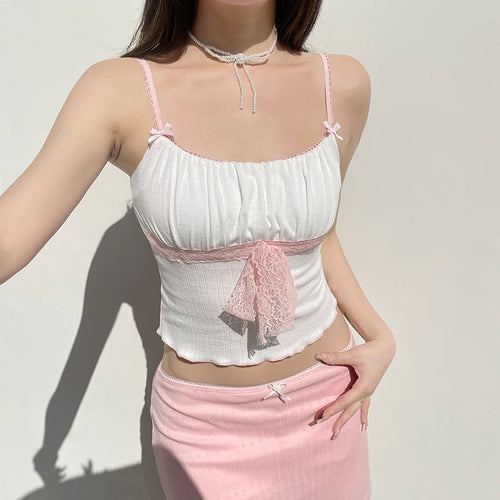 Load image into Gallery viewer, Coquette Sweet Summer Crop Tops Slim Folds Cutecore Korean Style Short Cmaisole Women Lace Patchwork Contrast Strap
