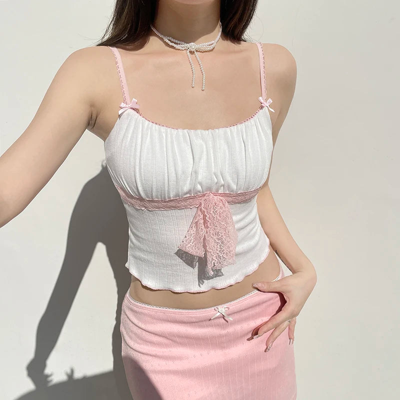 Coquette Sweet Summer Crop Tops Slim Folds Cutecore Korean Style Short Cmaisole Women Lace Patchwork Contrast Strap