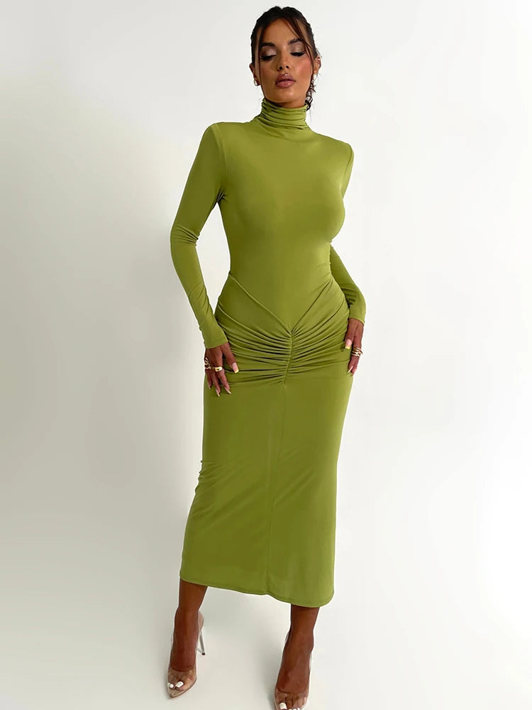 Elegant Turtleneck Long Sleeve Bodycon Maxi Dress Women Autumn Winter New Ruched Club Party Sexy Dress Vestidos