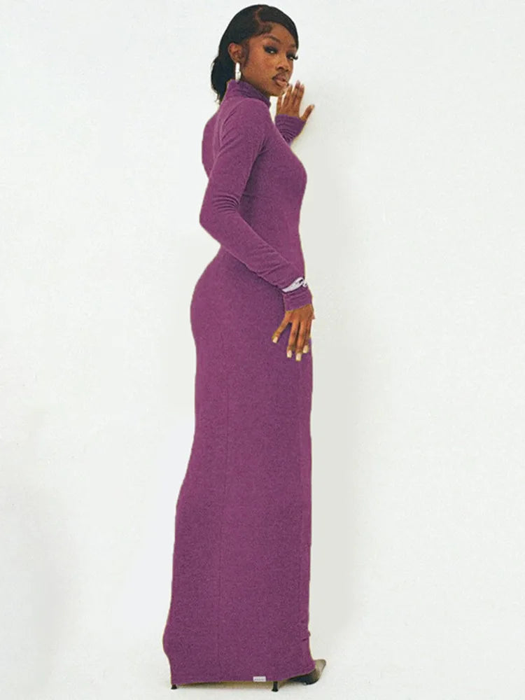 Turtleneck Long Sleeve Maxi Dress For Women Autumn New Elegant Solid Slim Fit High Waist Sexy Long Dress Ladies New