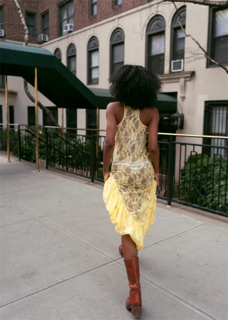 Lace See Through Ruffle Sexy Midi Dress Women Gown Summer Fashion High Waist Slim Thigh High Split Elegant Long Dress