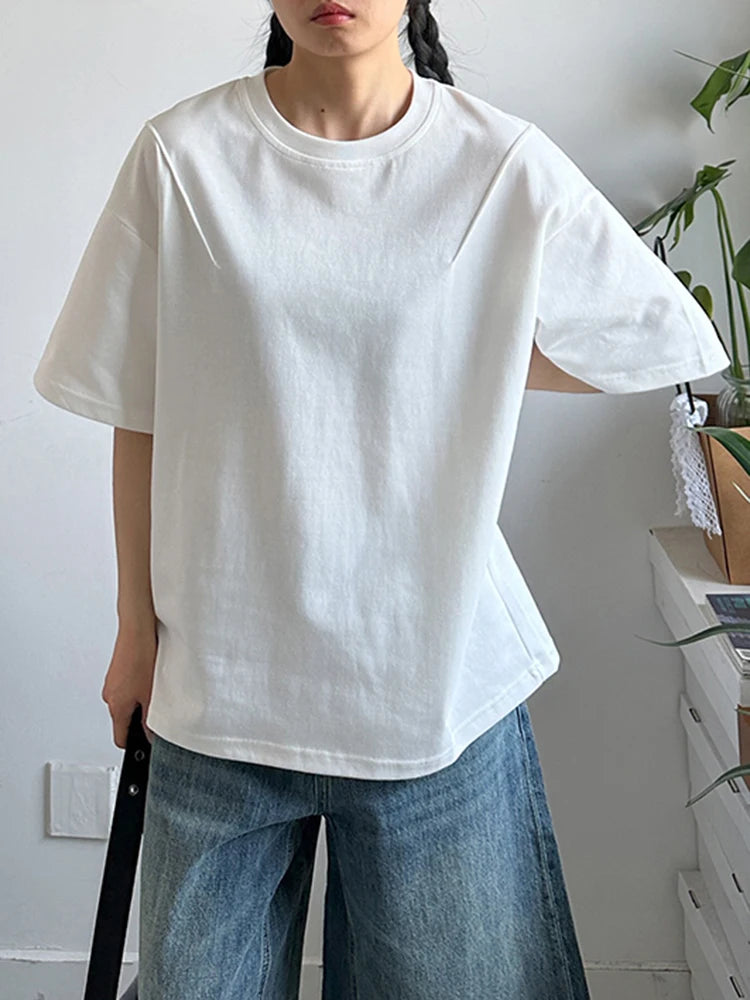 Women White Pleated Brief Big Size Casual T-shirt New Round Neck Short Sleeve Fashion Tide Spring Summer 2025 1DJ1177