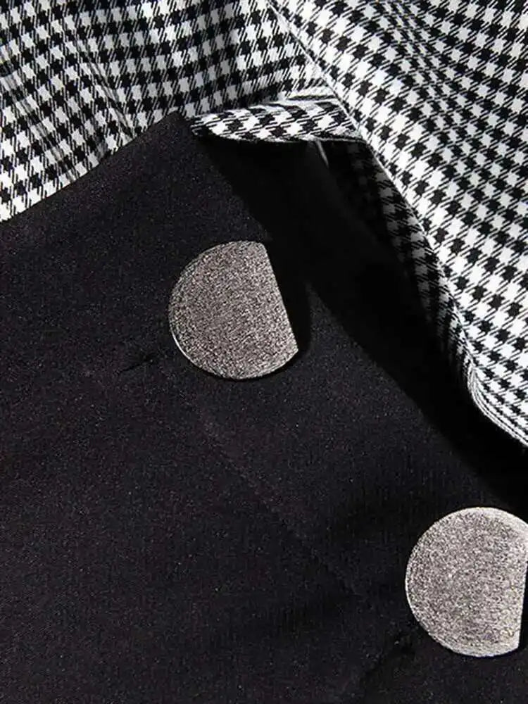 Women Black Plaid Irregular Stitch Big Size Dress New V-Neck Long Sleeve Loose Fit Fashion Tide Spring Autumn 2025 JG892