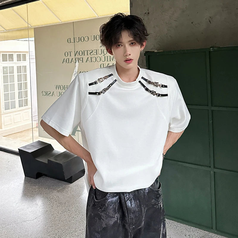 Korean Style Men's Short Sleeve T-shirts Metal Buckle Splicing Structure Trendy Round Neck Solid Color Male Tees 9W1911