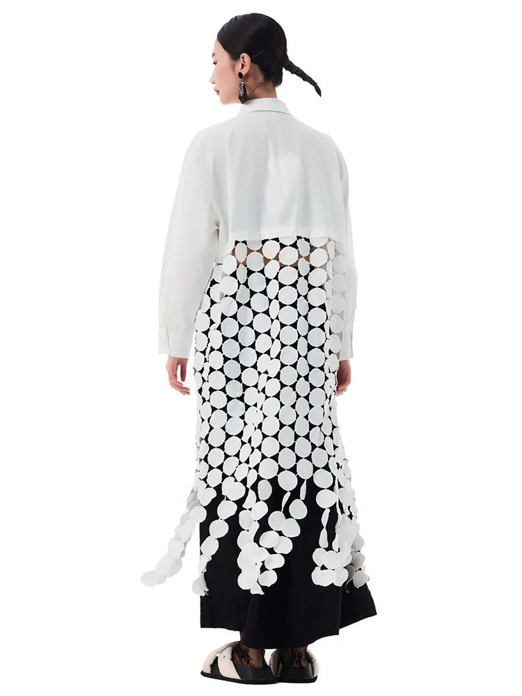 Women White Dot Tassels Hollow Out Midi Big Size Shirt Dress New Lapel Long Sleeve Fashion Tide Spring Autumn 2025 1DH9464