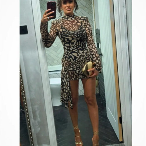 Load image into Gallery viewer, Mesh Leopard Print Sexy Mini Dress For Women Robe Fashion Turtleneck Draped Ruched High Waist Club Dress Vestido
