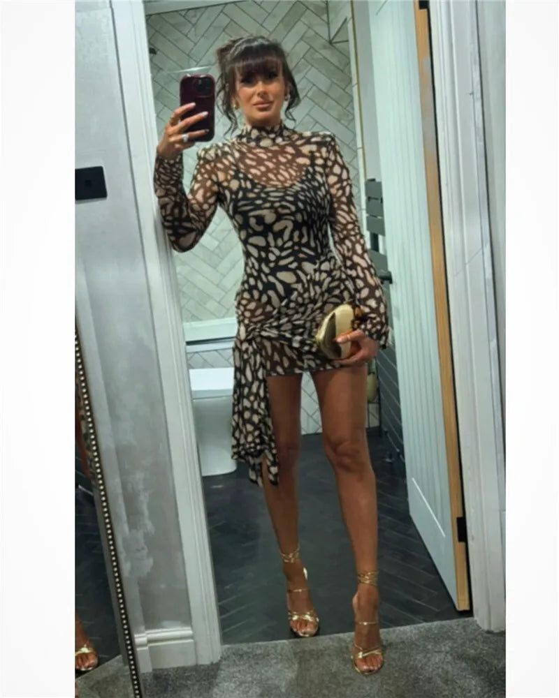 Mesh Leopard Print Sexy Mini Dress For Women Robe Fashion Turtleneck Draped Ruched High Waist Club Dress Vestido