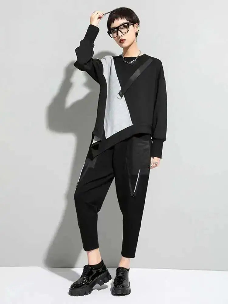 Women Gray Asymmetric Color-block Big Size Casual T-shirt New Round Neck Long Sleeve Fashion Spring Autumn 2025 1DF4759