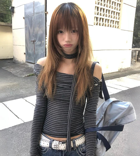 Japanese Y2k Off Shoulder Knitted Tops 2000s Style Long Sleeve Striped T-shirt With Scarf Vintage Harajuku Knitwear 90s