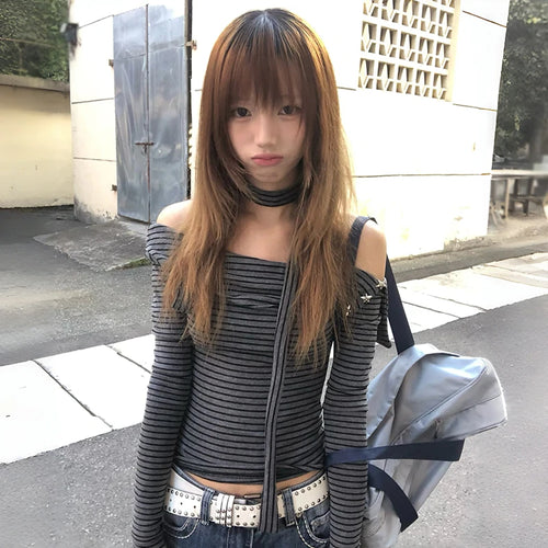 Japanese Y2k Off Shoulder Knitted Tops 2000s Style Long Sleeve Striped T-shirt With Scarf Vintage Harajuku Knitwear 90s