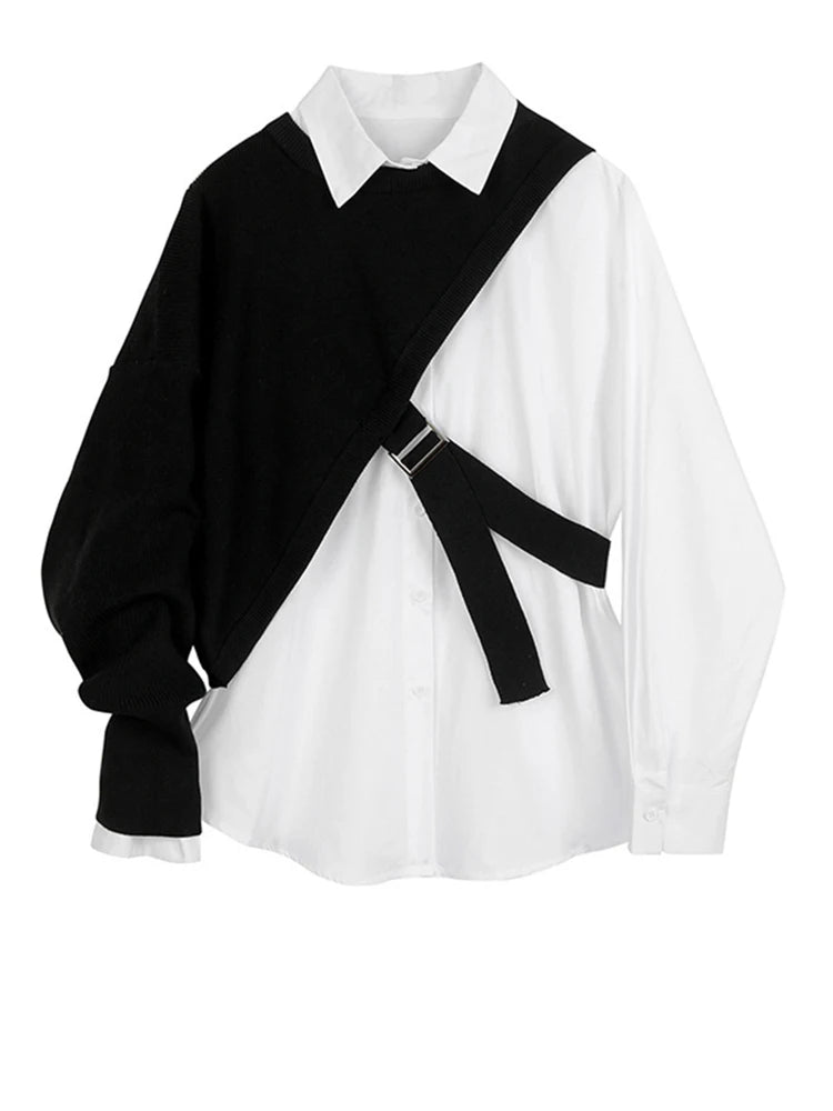 Women White Knitting Split Big Size Blouse New Lapel Long Sleeve Loose Fit Shirt Fashion Tide Spring Autumn 2025 1DC019