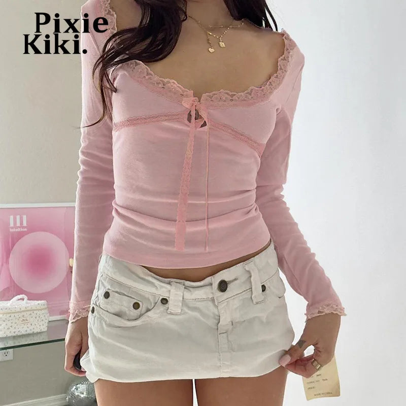 Y2k Cute Womens Tops Lace Trim Long Sleeve T Shirts 2000s Coquette Clothes Aesthetic Fall 2024 P84-BD14