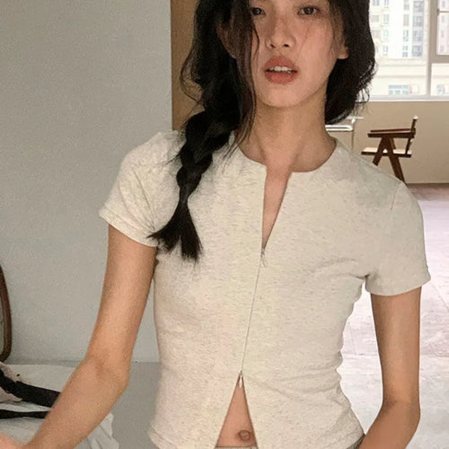 Load image into Gallery viewer, 2025 Harajuku Zipper Designer Solid Shirt Y2k Aesthetic Bodycon Simple Fairy Tshirt Women Slim Fit Streetwear T Shirt Summer
