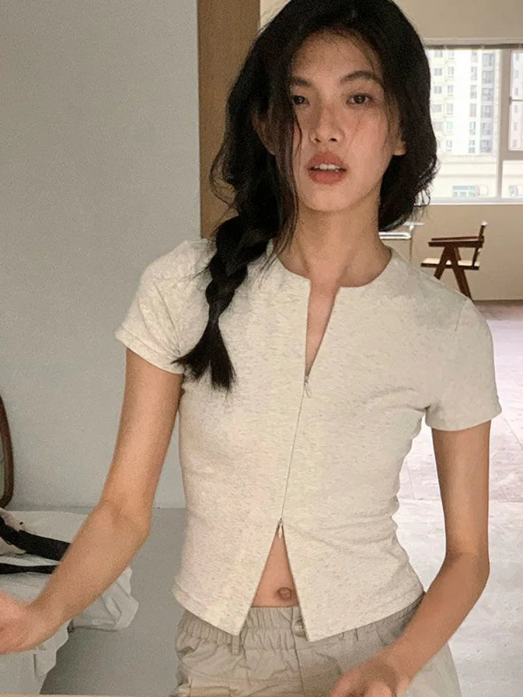 2025 Harajuku Zipper Designer Solid Shirt Y2k Aesthetic Bodycon Simple Fairy Tshirt Women Slim Fit Streetwear T Shirt Summer