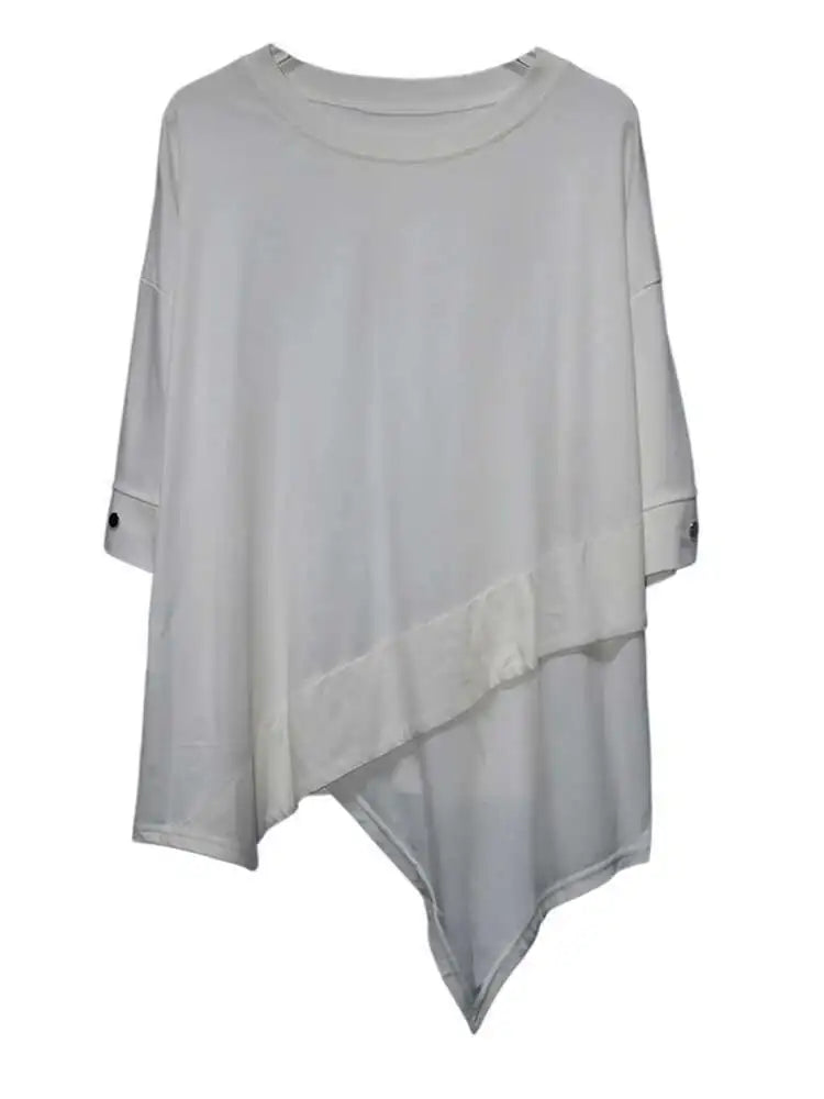 Women Black Irregular Hem Big Size Casual T-shirt New Round Neck Short Sleeve Fashion Tide Spring Summer 2025 1DJ0618