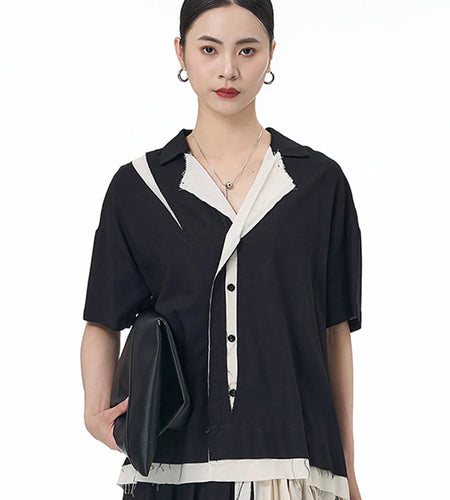 Women Black Color-block Burr Big Size Blouse New V-neck Short Sleeve Shirt Fashion Tide Spring Summer 2025 1DJ1493